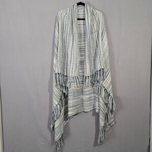 Vince Camuto Womens Woven Blue & White Striped Fringe Poncho Shawl Wrap Size OS